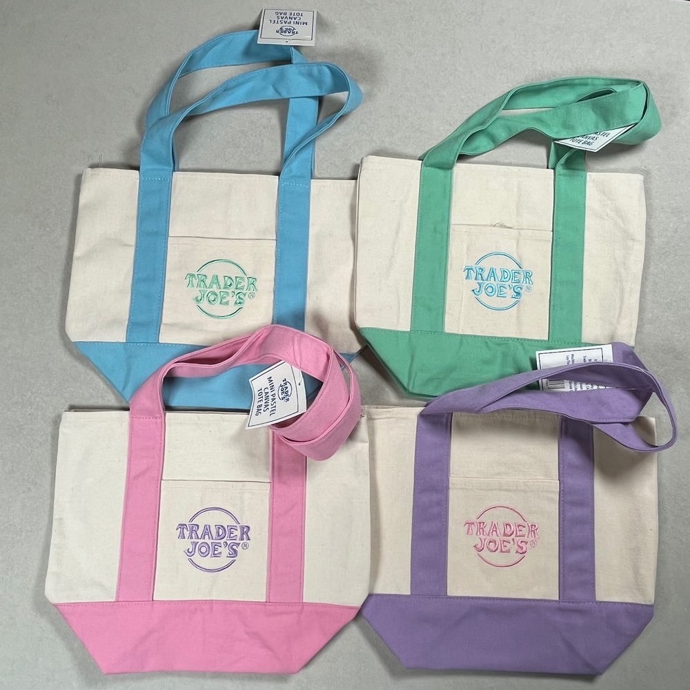 New Trader Joes Mini Pastel Canvas Tote Bags OS Multicolor Set of 4 One Day Ship - Picture 4 of 8